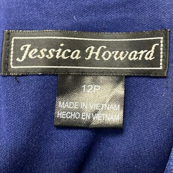 Jessica Howard Blue Taffeta Flower Pleated 3/4 Sleeve Belt Midi A-Line Dress 12P - Picture 5 of 6